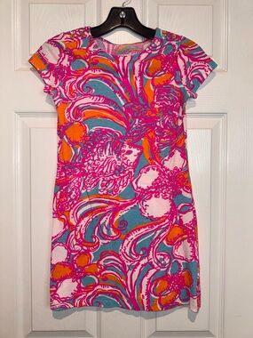 Lilly Pulitzer Pink Teal & Orange Floral Shift Dress. Size L